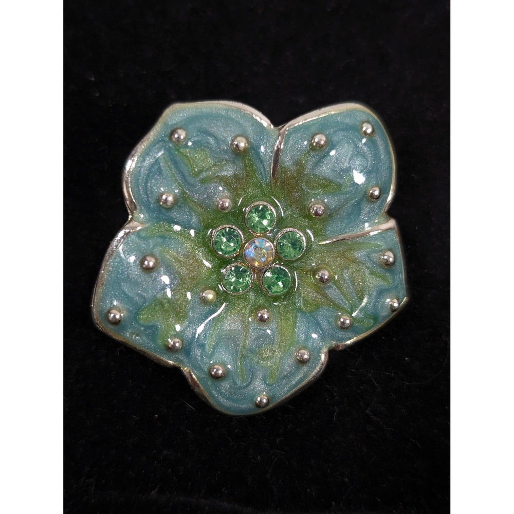 Blue Green Enamelโ Flower Brooch Rhinestone Silver Tone Swirl Pin